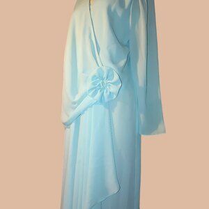 Vintage AEMW Light Blue Wrap Dress Floral Detail Long Sleeves Back Zipper USA